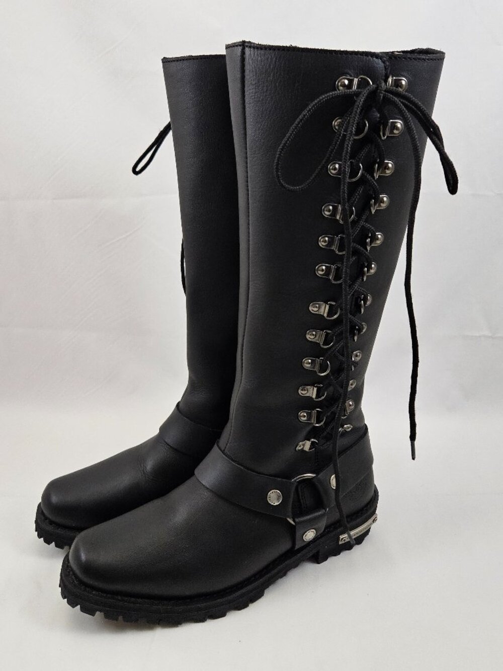 Womens Milwaukee Leather Riding Boots 9 Black Harness Side Lace 14" Biker Goth